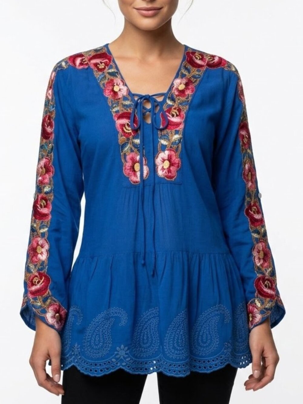 Despi Boho Blue Floral Embroidered Tunic Top Lace Up Cold Shoulder Bell Sleeve L